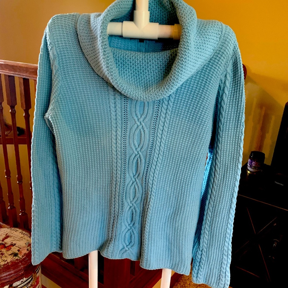SOLD Jeanne Pierre Aqua Cable Knit Cowl Neck Sweater